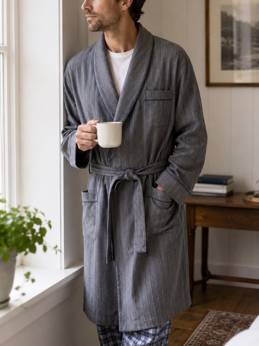 Sleepy Jones Gray Flannel Shawl Collar Robe Men’s Medium Blue Pinstripe